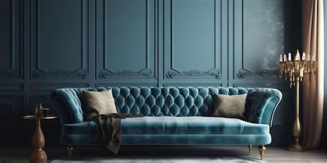 Premium Photo | A blue sofa with a blue velvet sofa and pillows.