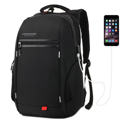 LUXUR 37L Laptop Backpack USB Charging Port Nylon Waterproof Casual ...