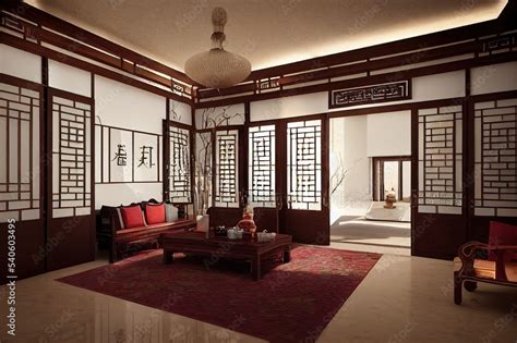 Interior design ,Chinese style for living area in luxury house or hotel with ancient Chinese ...