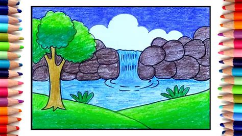 How to draw easy scenery for kids, Waterfall scenery drawing with ...