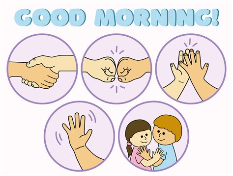 Classroom morning greetings, hug, hand shake, first bump, wave, high five 9873091 Vector Art at ...