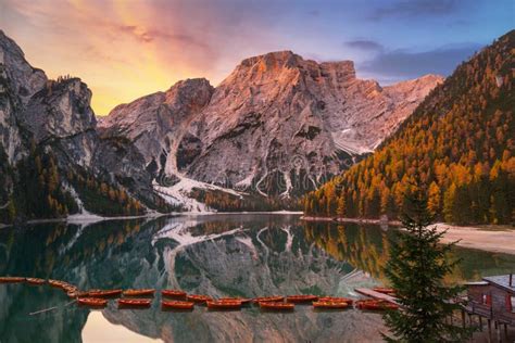 Lago Di Braies Lake and Seekofel Peak at Sunrise, Dolomites. Italy Stock Image - Image of ...