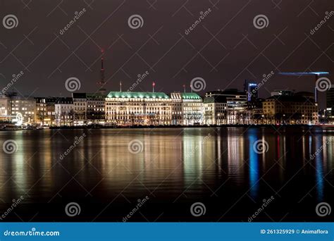 Skyline from Hamburg at Night Stock Image - Image of binnenalster, life ...