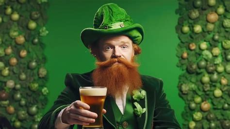 Premium AI Image | Leprechaun with a red beard and a green hat with ale ...