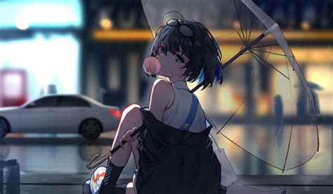 Download wallpaper 1024x600 enjoying rain, anime girl, netbook, tablet, playbook, 1024x600 hd ...