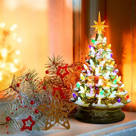 Topbuy 15'' Prelit Ceramic Tabletop Christmas Tree Gold Hand-Painted ...