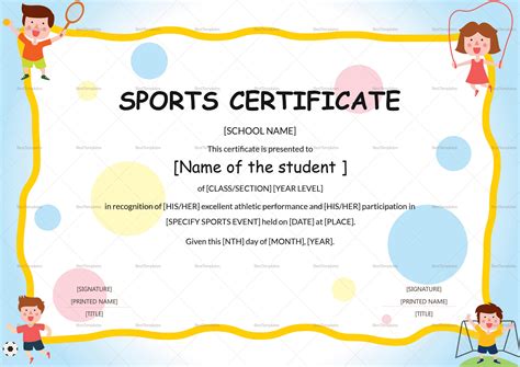 Kids Sports Participation Certificate Design Template in PSD, Word