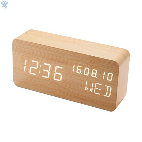 Desk Wooden Alarm Clock with Voice Control Date Temperature Adjustable ...