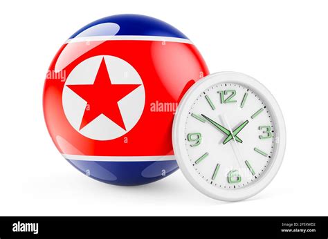 North Korean flag with clock. Time in North Korea, 3D rendering isolated on white background ...