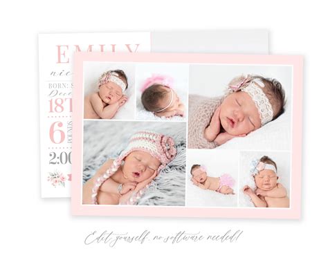 Customizable Birth Announcement Card Template for Baby Girls - Baby ...