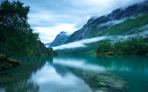 Western Norway, Loen lake surface, Scandinavian mountains, trees, fog ...