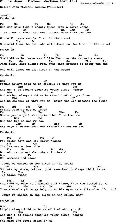 Song Billie Jean by Michael Jackson(thriller), song lyric for vocal ...