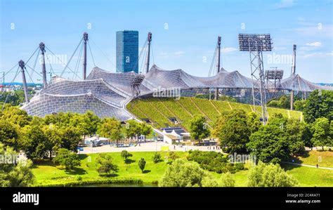 Olympic park in summer, Munich, Germany. Scenic panoramic view of nice ...