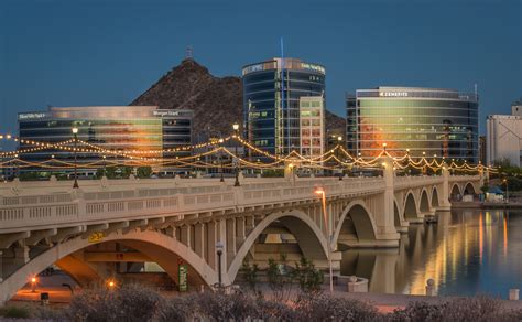 Tempe Town Lake Bridge Arizona. Mill Ave skyline sunset. | Tempe town lake, Arizona photography ...