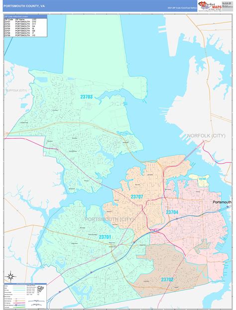 Portsmouth County, VA Wall Map Color Cast Style by MarketMAPS