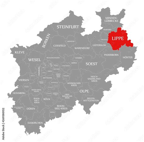 Lippe red highlighted in map of North Rhine Westphalia DE Stock ...