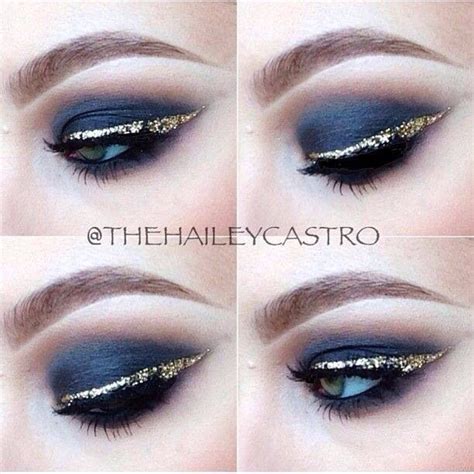 Navy blue eyeshadow and glitter gold liner #EyelinerWaterline | Gold eyeliner, Navy blue ...