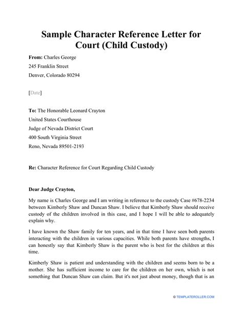 Sample Character Reference Letter for Court (Child Custody) Download ...