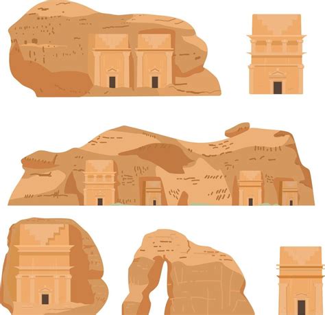 Hegra Saudi Arabia Ancient Village Vector Illustrations Set. AlULa ...