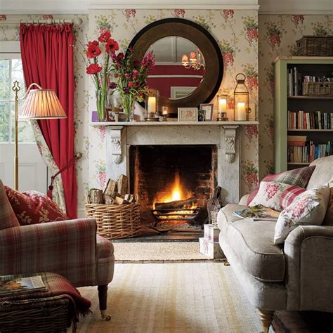 This is such a cheerful Family Room with lovely flowered wallpaper and pops od… | Cottage living ...