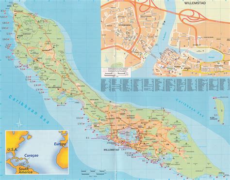 Large detailed road map of Curacao Island, Netherlands Antilles. Curacao Island, Netherlands ...