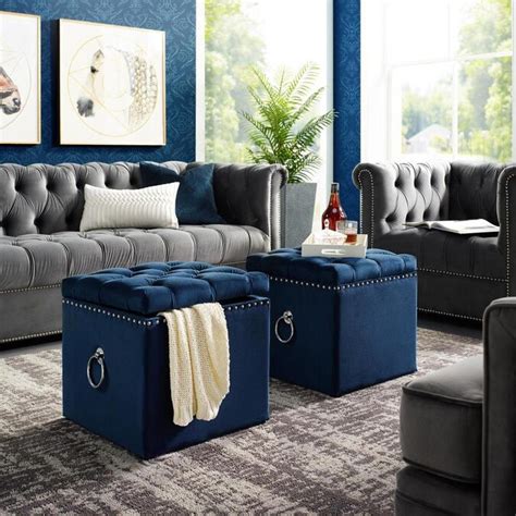 Inspired Home Micella Modern Navy Velvet Storage Ottoman in the Indoor Ottomans department at ...