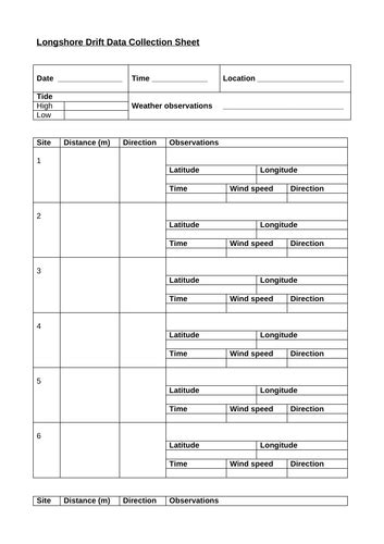 Geography NEA longshore drift data collection sheet | Teaching Resources