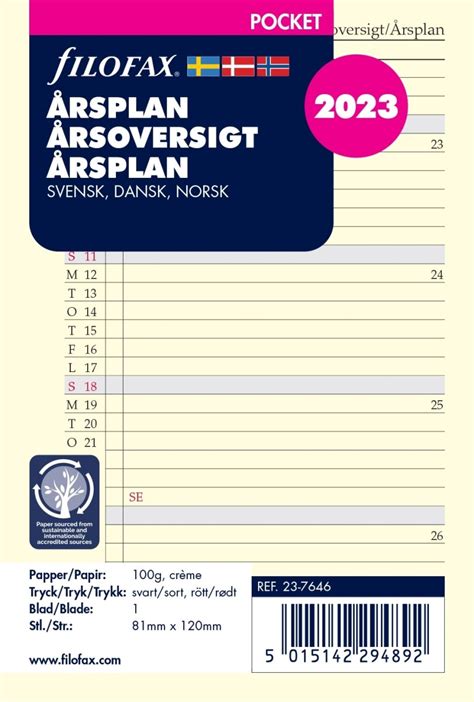 Filofax 2023 Refill | Pocket | Årsplan | Lomax