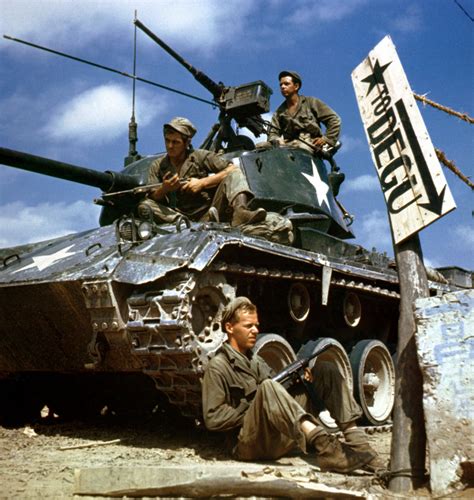 Crew of an M-24 tank along the Nakdong River front, August 1950 during ...