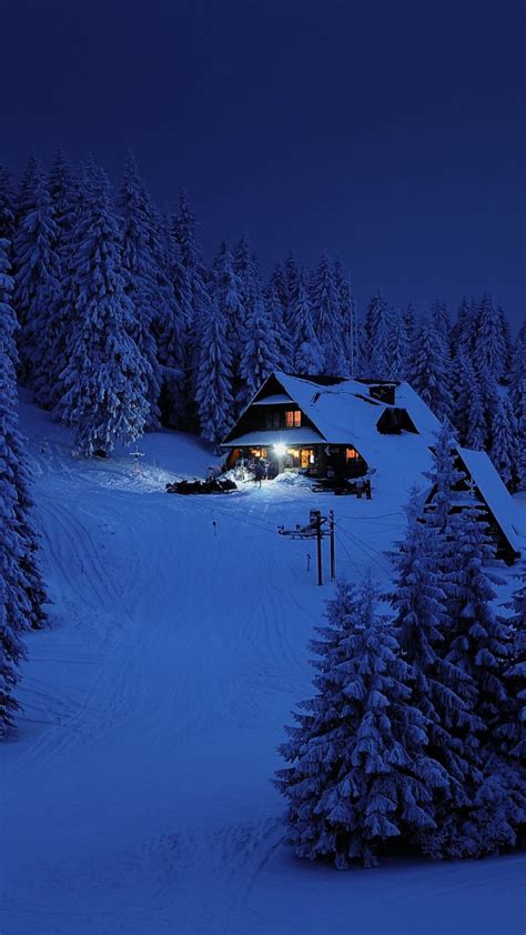 House, night, winter, trees, snow layer, nature, 720x1280 wallpaper ...