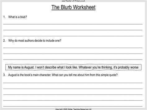 Wonder Lesson 1: Investigating the Text - The Blurb Worksheet | English 2nd Grade