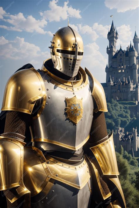 Premium AI Image | A knight in a golden armor stands in front of a castle.