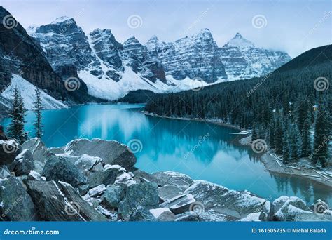 First Snow Morning at Moraine Lake in Banff National Park Alberta Canada Snow-covered Winter ...