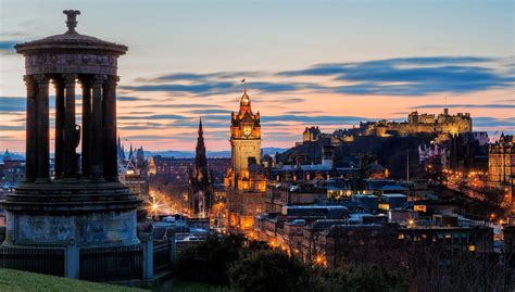 cityscape, Edinburgh, Scotland, Castle, Hill, Old building, Sky, Clouds, Sunset, Lights, Church ...