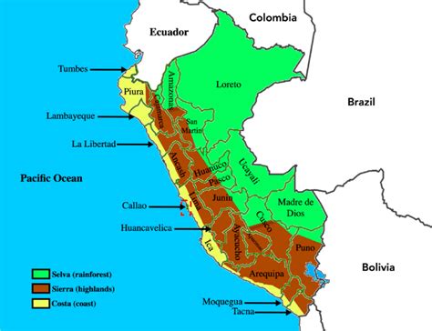 Map of Peru, showing its three geographical regions and 25 departments ...