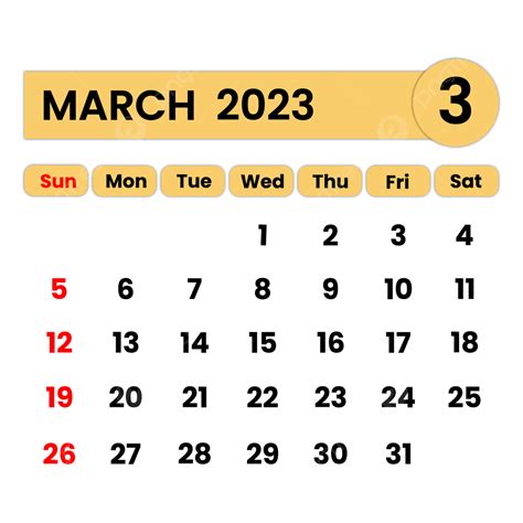 March 2023 Calendar Yellow Color, March 2023, Calendar, March Calendar PNG and Vector with ...