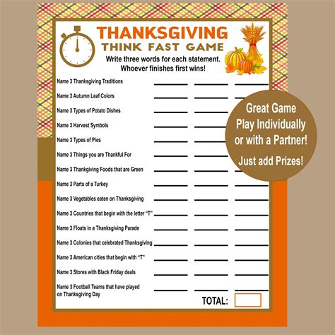 Thanksgiving Trivia Game Think Fast Game Thanksgiving | Etsy