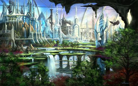 fantasy, Art, Cities, Waterfalls, Nature, Trees Wallpapers HD / Desktop ...