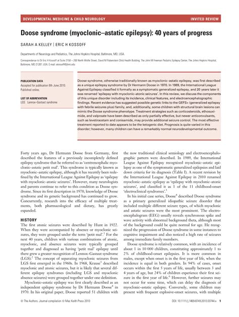 Doose Syndrome (Myoclonic–Astatic Epilepsy): 40 Years of Progress - DocsLib