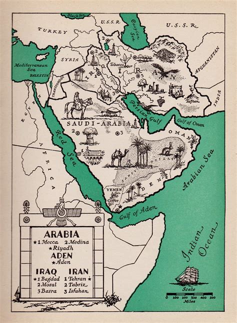 1940's ARABIA Picture Map of Saudi Arabia Print Map of Iran and Iraq ...