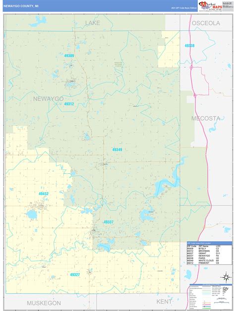 Newaygo County, MI Zip Code Wall Map Basic Style by MarketMAPS