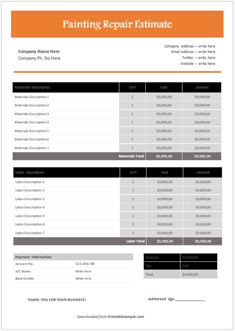 21 Free Sample Painting Estimate Templates - Printable Samples