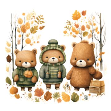 Watercolor Cartoon Bear Family In Autumn Forest Cute Vector Illustration, Autumn, Buuny, Rabbit ...