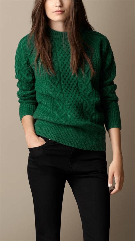 Burberry Wool Blend Cable Knit Sweater in Green | Lyst