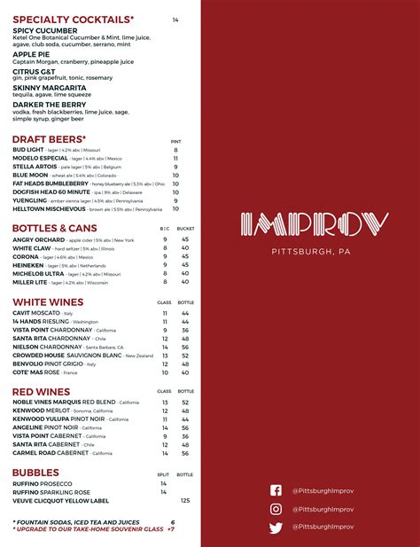 Pittsburgh Improv Food and Drink Menus