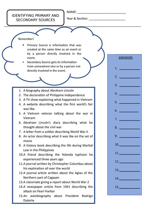 Activity Sheet sources of information - NAME: ____________________________ Year & Section: - Studocu