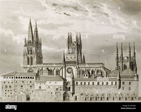 Spain. Burgos. Cathedral. Gothic style. Exterior. Engraving Stock Photo ...