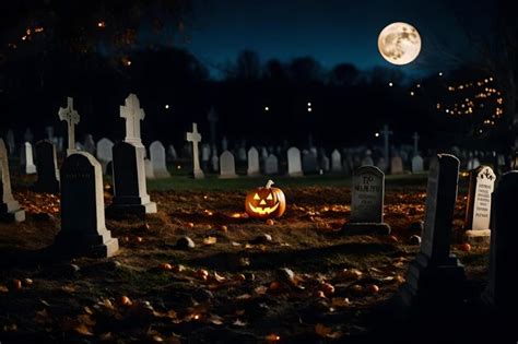 Premium AI Image | A full moon shines over a cemetery with a pumpkin in the middle.