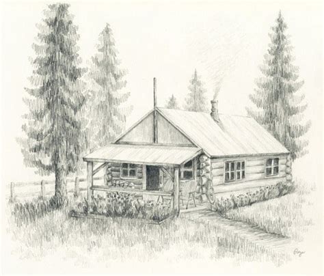 Little Log Cabin Pencil Drawing Print