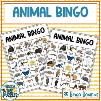 Animal Bingo Game - 35 Unique Cards by Busy Bee Puzzles | TPT